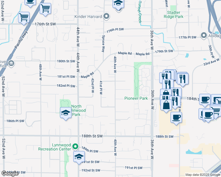 map of restaurants, bars, coffee shops, grocery stores, and more near 1610 182nd Place Southwest in Lynnwood