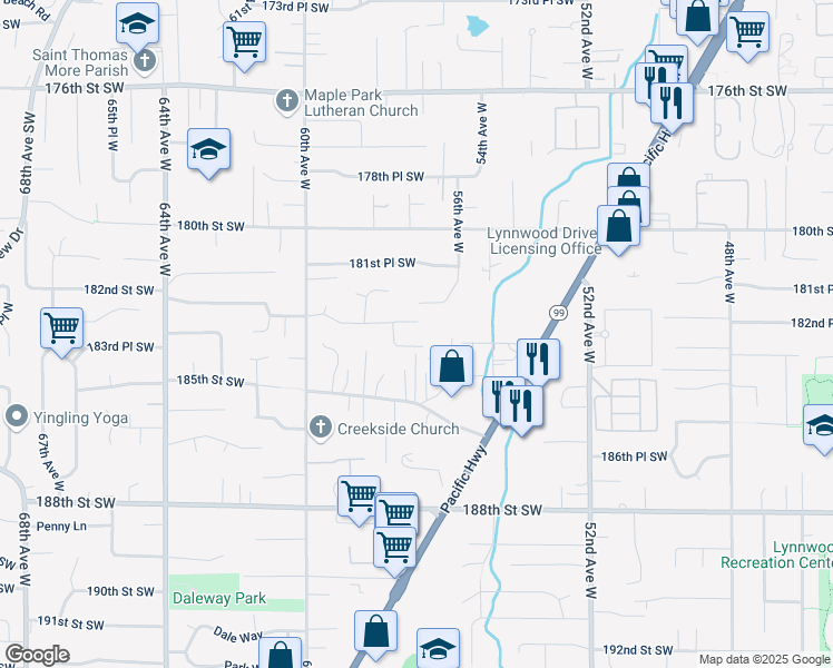 map of restaurants, bars, coffee shops, grocery stores, and more near 18221 56th Avenue West in Lynnwood