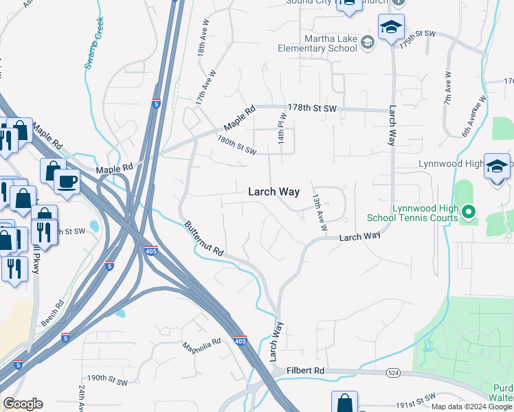 map of restaurants, bars, coffee shops, grocery stores, and more near 1610 182nd Place Southwest in Lynnwood