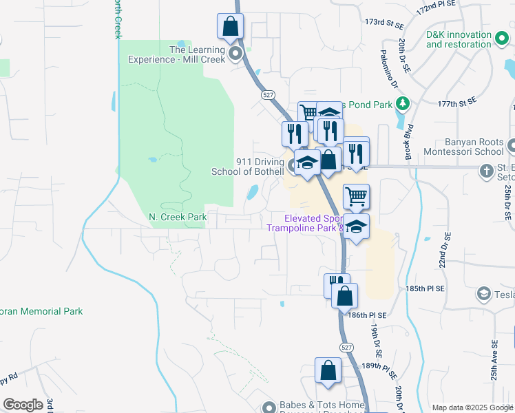 map of restaurants, bars, coffee shops, grocery stores, and more near 1225 183rd Street Southeast in Bothell