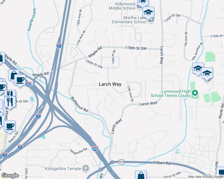 map of restaurants, bars, coffee shops, grocery stores, and more near in Larch Way