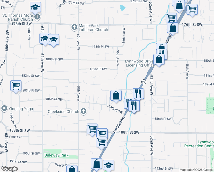 map of restaurants, bars, coffee shops, grocery stores, and more near 18221 56th Avenue West in Lynnwood