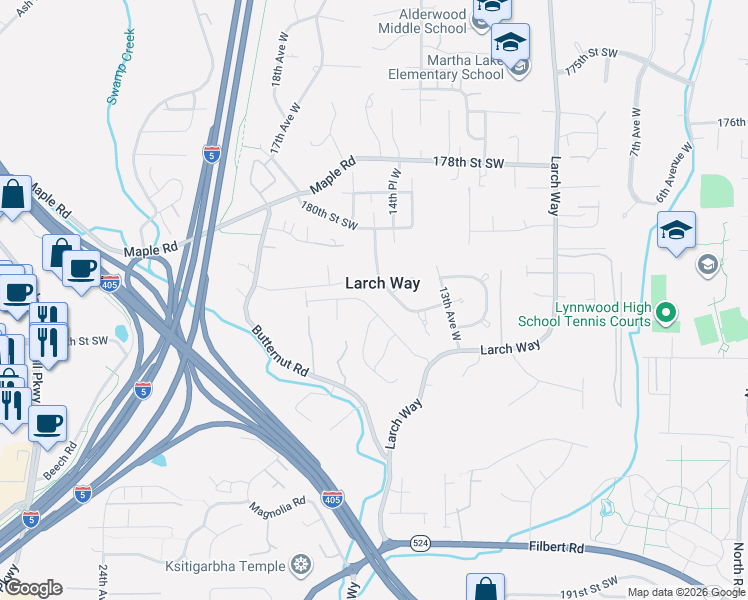 map of restaurants, bars, coffee shops, grocery stores, and more near 1701 181st Place Southwest in Lynnwood