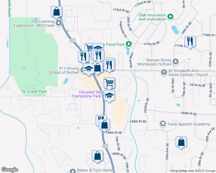 map of restaurants, bars, coffee shops, grocery stores, and more near 18205 Bothell Everett Highway in Bothell