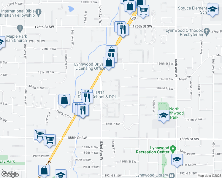 map of restaurants, bars, coffee shops, grocery stores, and more near 18213 52nd Avenue West in Lynnwood