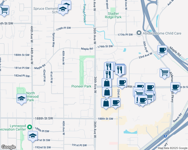 map of restaurants, bars, coffee shops, grocery stores, and more near 18214 36th Avenue West in Lynnwood