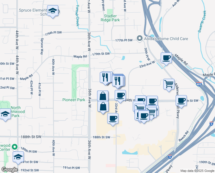 map of restaurants, bars, coffee shops, grocery stores, and more near 3333 184th Street Southwest in Lynnwood
