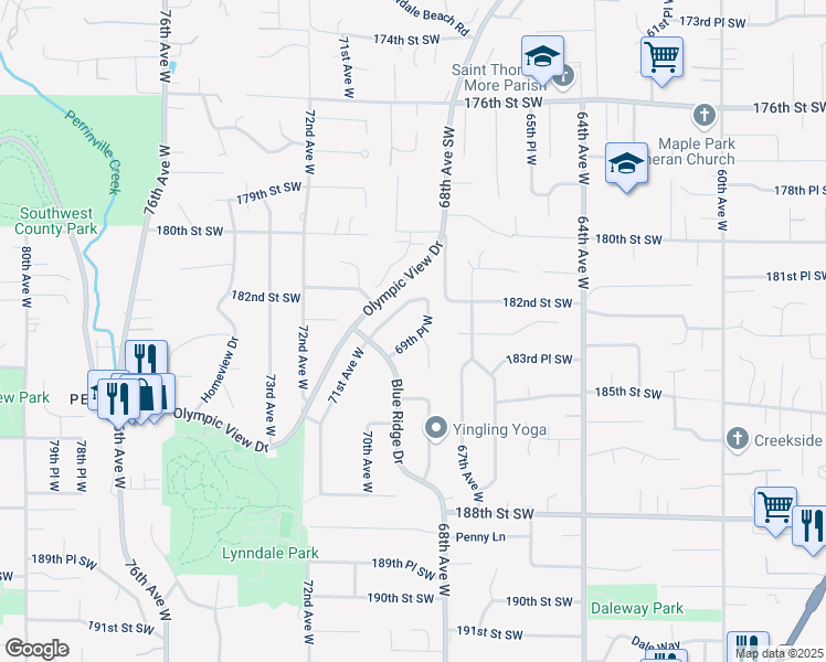 map of restaurants, bars, coffee shops, grocery stores, and more near 18302 69th Place West in Lynnwood