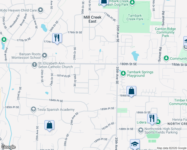 map of restaurants, bars, coffee shops, grocery stores, and more near 18104 32nd Avenue Southeast in Bothell
