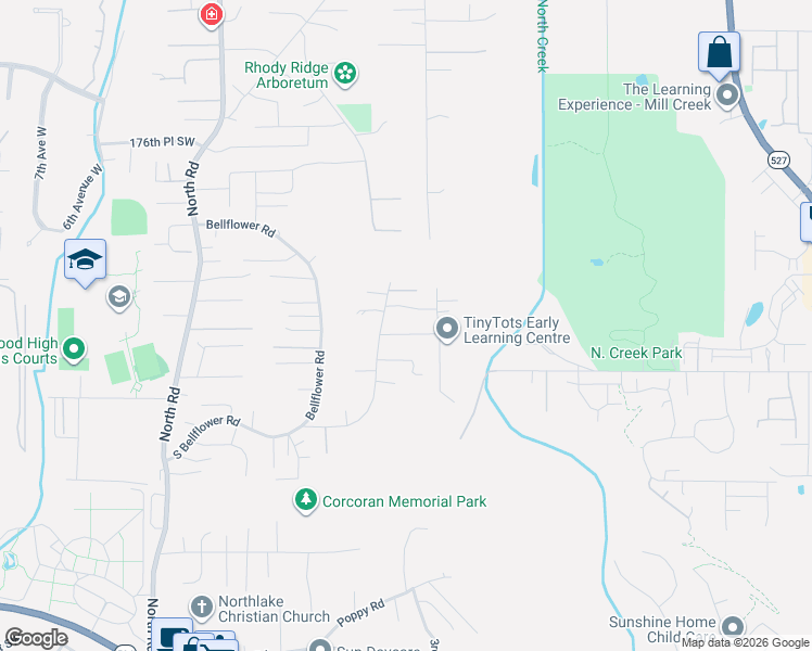 map of restaurants, bars, coffee shops, grocery stores, and more near 18111 Baldwin Road in Bothell