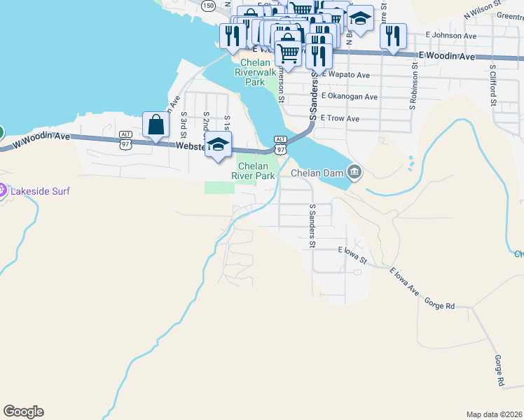 map of restaurants, bars, coffee shops, grocery stores, and more near 112 East Raymond Street in Chelan