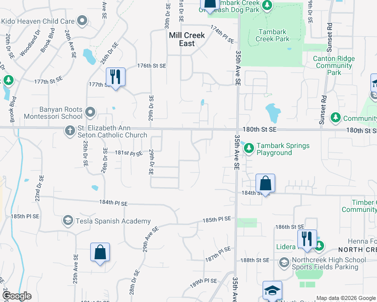map of restaurants, bars, coffee shops, grocery stores, and more near 18104 32nd Avenue Southeast in Bothell