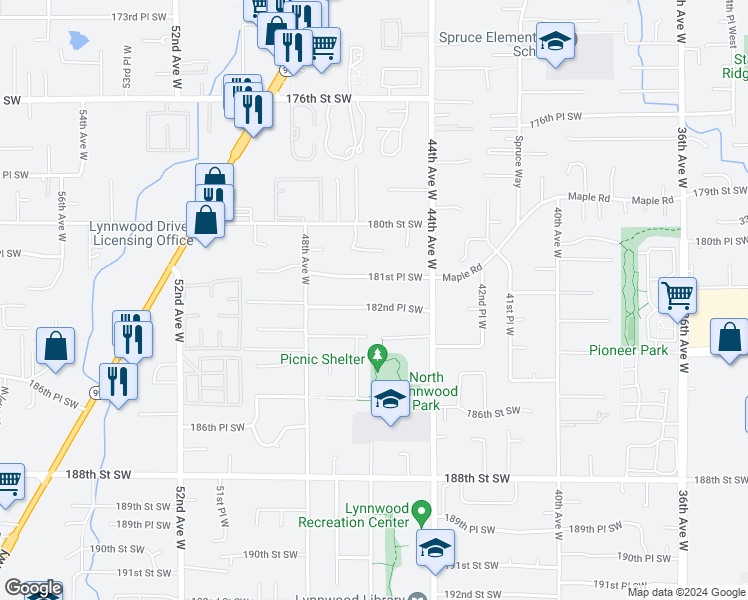 map of restaurants, bars, coffee shops, grocery stores, and more near 4529 182nd Place Southwest in Lynnwood