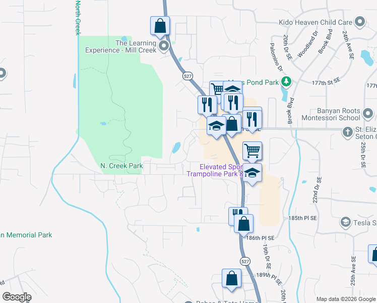 map of restaurants, bars, coffee shops, grocery stores, and more near 1225 183rd Street Southeast in Bothell