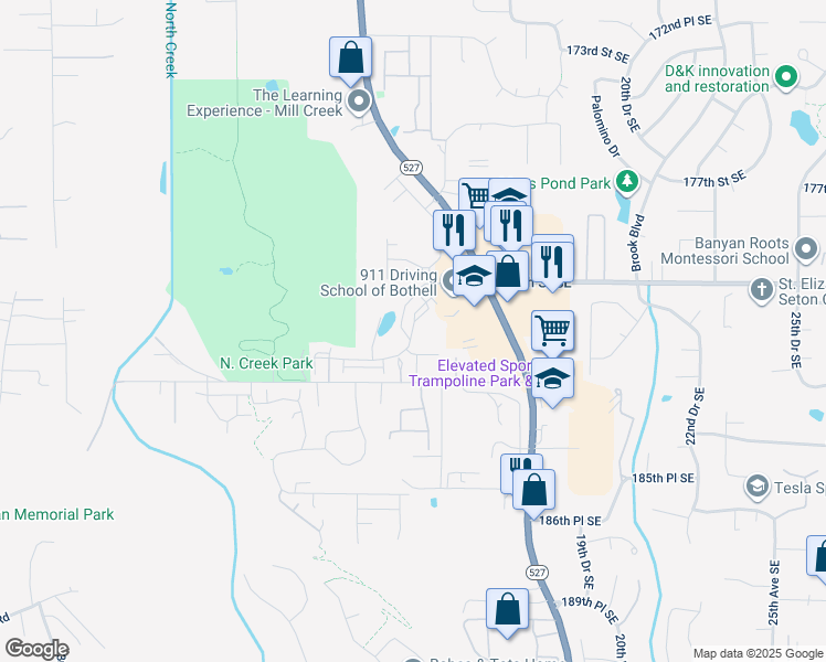 map of restaurants, bars, coffee shops, grocery stores, and more near 1225 183rd Street Southeast in Bothell