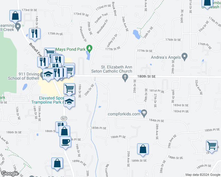 map of restaurants, bars, coffee shops, grocery stores, and more near 18111 22nd Drive Southeast in Bothell