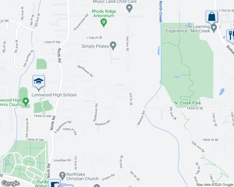 map of restaurants, bars, coffee shops, grocery stores, and more near 18111 Baldwin Road in Bothell