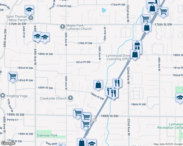 map of restaurants, bars, coffee shops, grocery stores, and more near 18221 56th Avenue West in Lynnwood