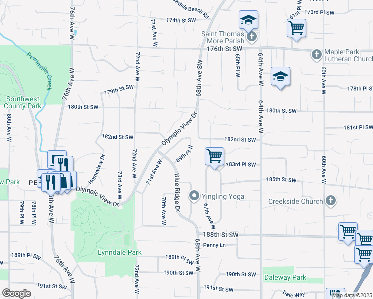 map of restaurants, bars, coffee shops, grocery stores, and more near 18302 69th Place West in Lynnwood