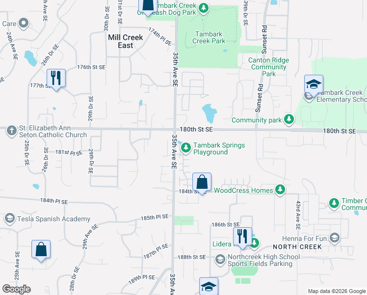 map of restaurants, bars, coffee shops, grocery stores, and more near 18106 35th Drive Southeast in Bothell