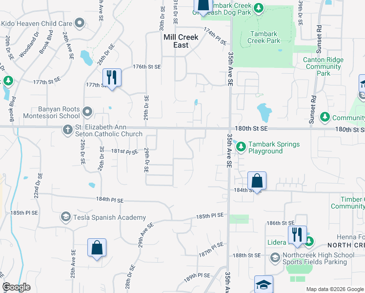 map of restaurants, bars, coffee shops, grocery stores, and more near 18104 32nd Avenue Southeast in Bothell
