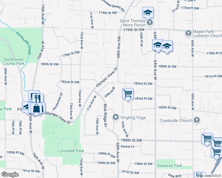 map of restaurants, bars, coffee shops, grocery stores, and more near 18302 69th Place West in Lynnwood