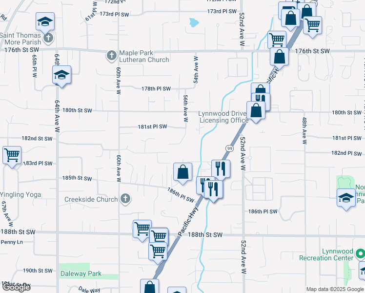 map of restaurants, bars, coffee shops, grocery stores, and more near 18205 56th Avenue West in Lynnwood