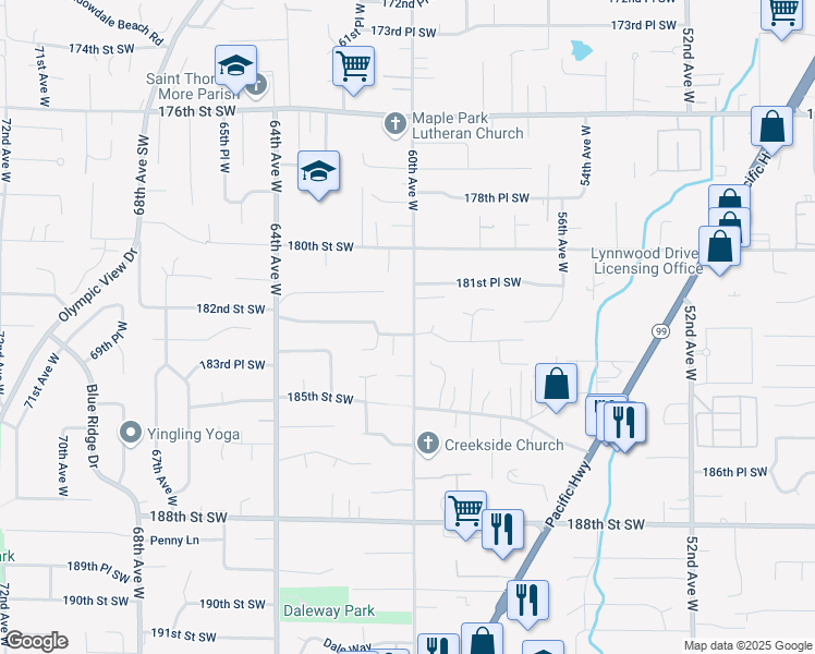 map of restaurants, bars, coffee shops, grocery stores, and more near 6005 183rd Street Southwest in Lynnwood