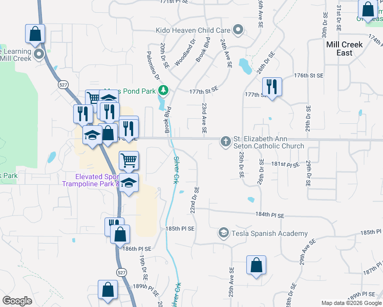 map of restaurants, bars, coffee shops, grocery stores, and more near 2204 180th Place Southeast in Bothell