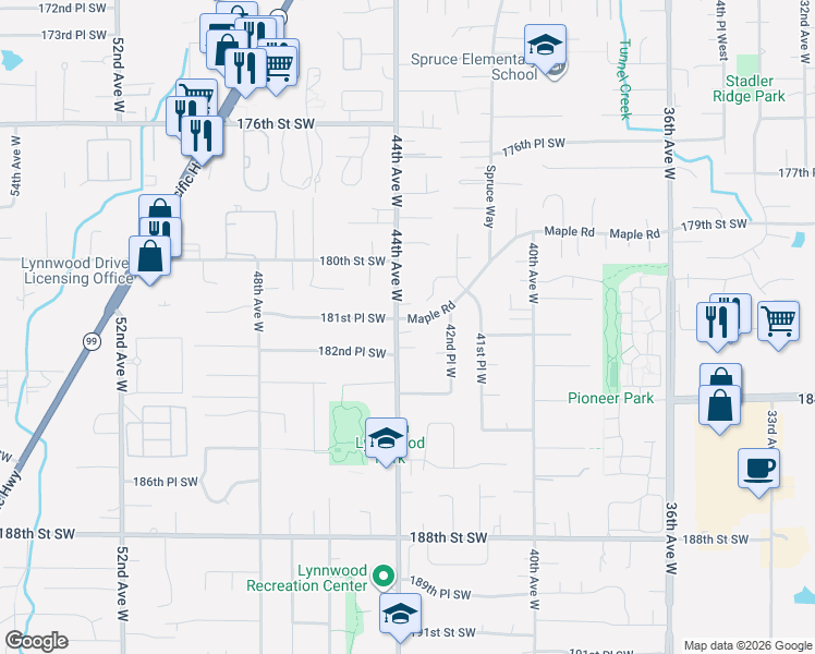 map of restaurants, bars, coffee shops, grocery stores, and more near 18203 44th Avenue West in Lynnwood