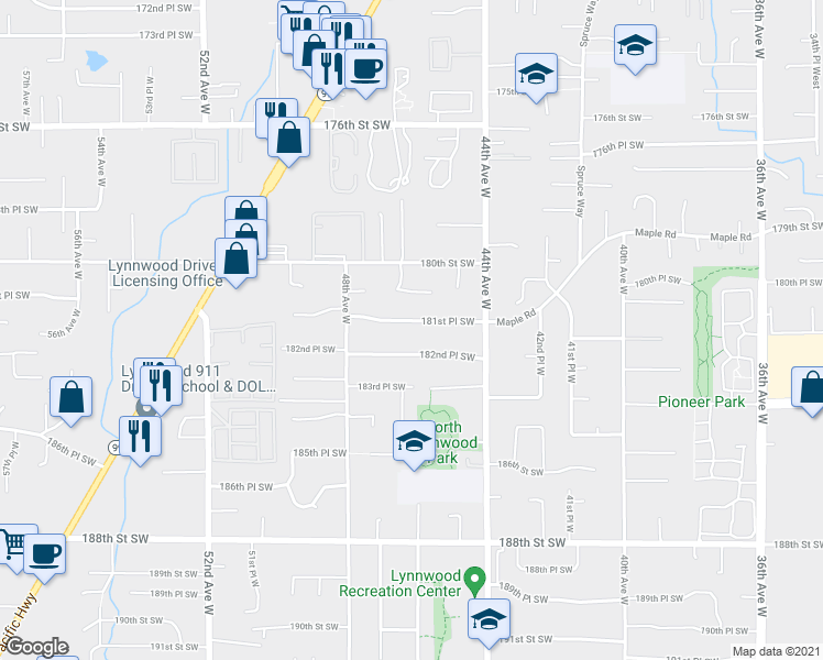 map of restaurants, bars, coffee shops, grocery stores, and more near 4529 182nd Place Southwest in Lynnwood
