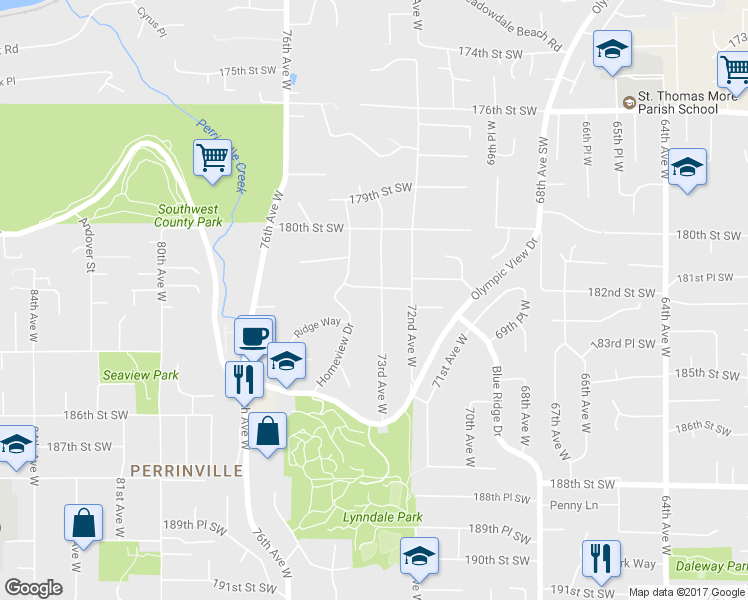 map of restaurants, bars, coffee shops, grocery stores, and more near 18212 73rd Avenue West in Edmonds