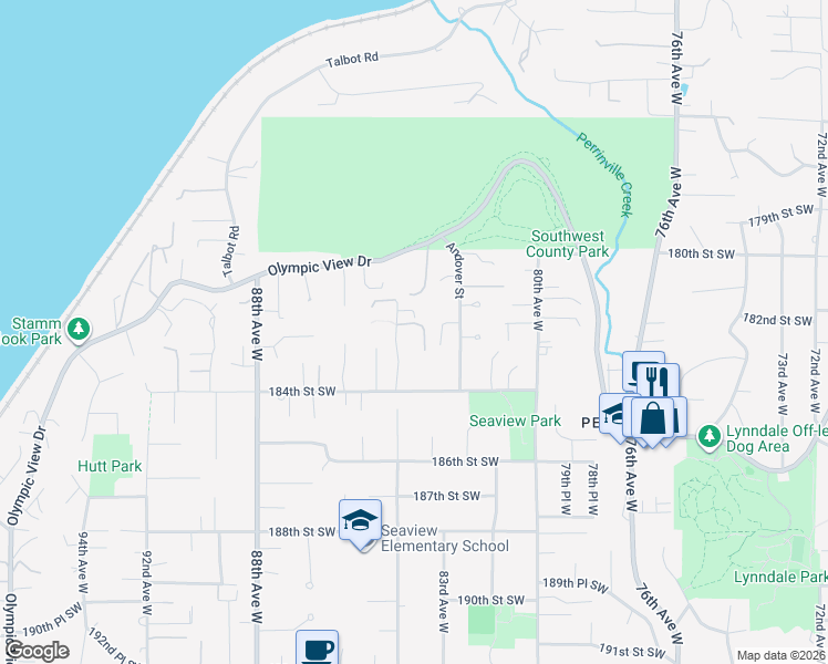 map of restaurants, bars, coffee shops, grocery stores, and more near 18111 84th Avenue West in Edmonds