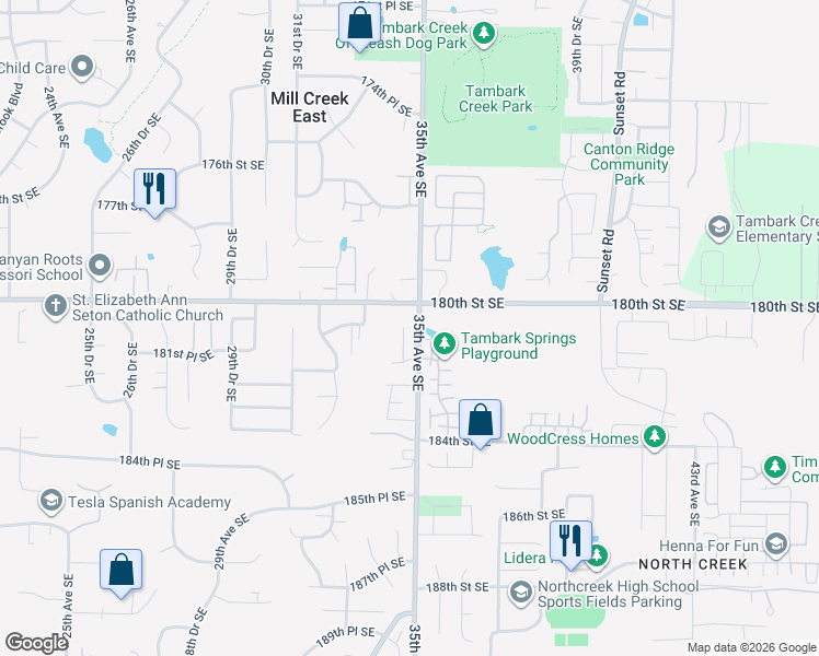 map of restaurants, bars, coffee shops, grocery stores, and more near 18103 34th Drive Southeast in Bothell