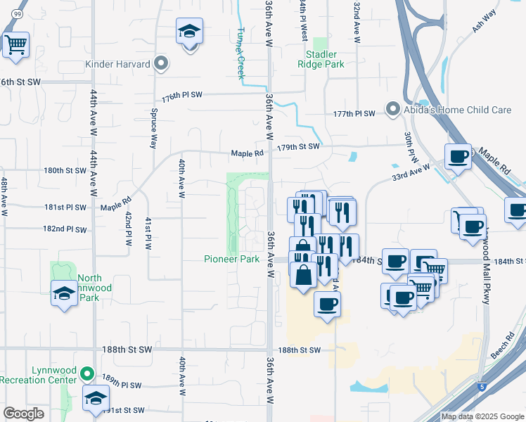 map of restaurants, bars, coffee shops, grocery stores, and more near 18214 36th Avenue West in Lynnwood