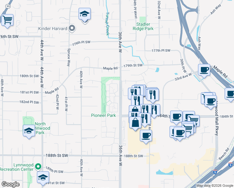 map of restaurants, bars, coffee shops, grocery stores, and more near 18214 36th Avenue West in Lynnwood