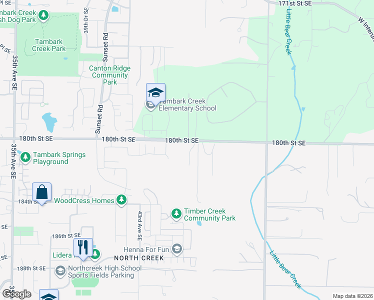 map of restaurants, bars, coffee shops, grocery stores, and more near 18105 46th Drive Southeast in Bothell