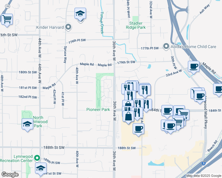 map of restaurants, bars, coffee shops, grocery stores, and more near 18124 36th Avenue West in Lynnwood