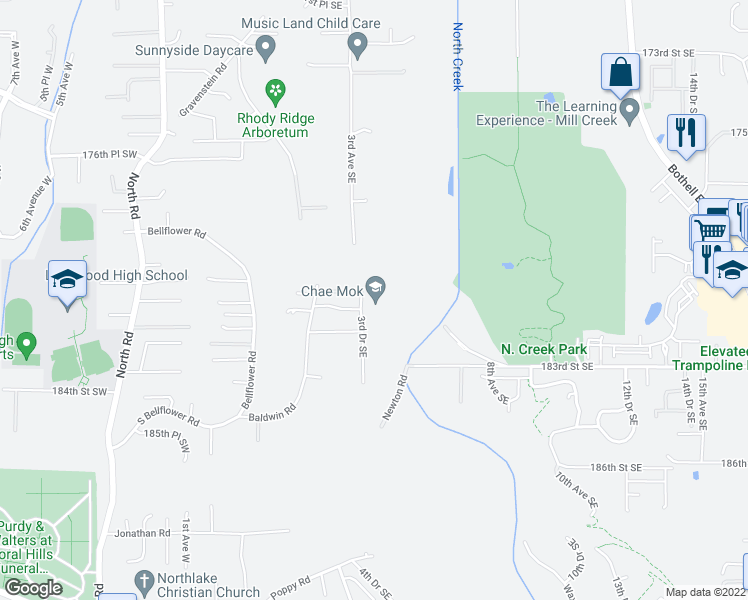map of restaurants, bars, coffee shops, grocery stores, and more near 18105 3rd Drive Southeast in Bothell