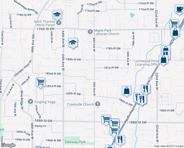 map of restaurants, bars, coffee shops, grocery stores, and more near 6005 183rd Street Southwest in Lynnwood