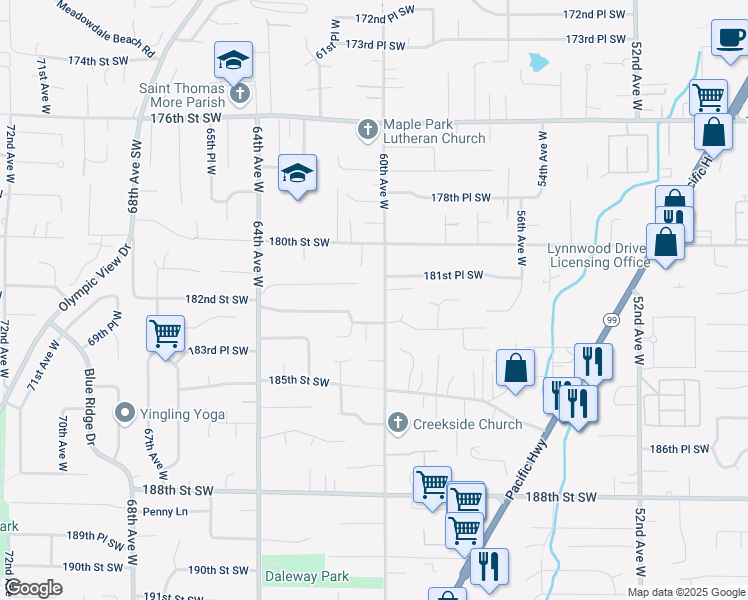 map of restaurants, bars, coffee shops, grocery stores, and more near 6005 183rd Street Southwest in Lynnwood