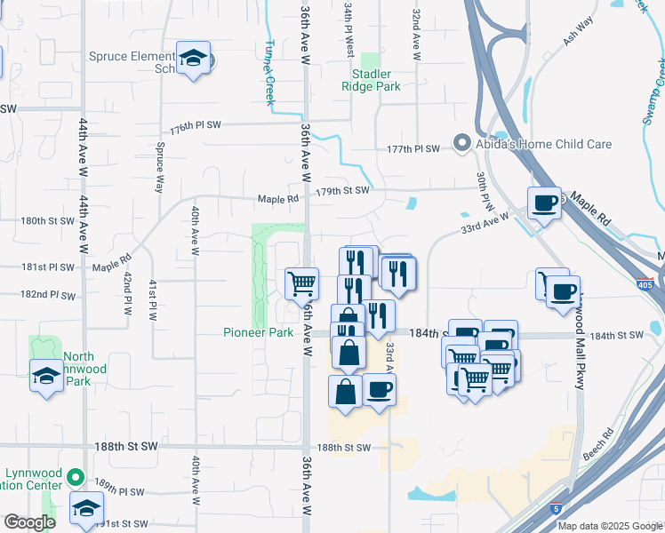 map of restaurants, bars, coffee shops, grocery stores, and more near 18031 36th Avenue West in Lynnwood