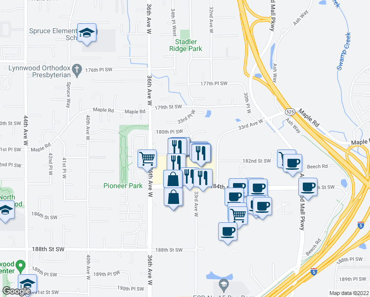 map of restaurants, bars, coffee shops, grocery stores, and more near 3333 184th Street Southwest in Lynnwood