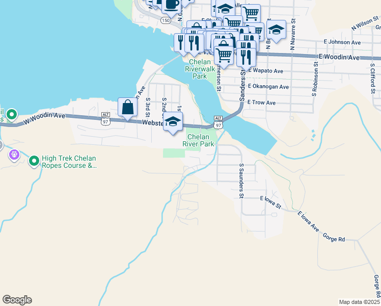 map of restaurants, bars, coffee shops, grocery stores, and more near 105 West Raymond Street in Chelan