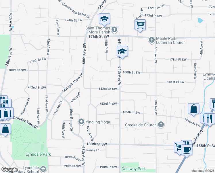 map of restaurants, bars, coffee shops, grocery stores, and more near 6509 182nd Street Southwest in Lynnwood