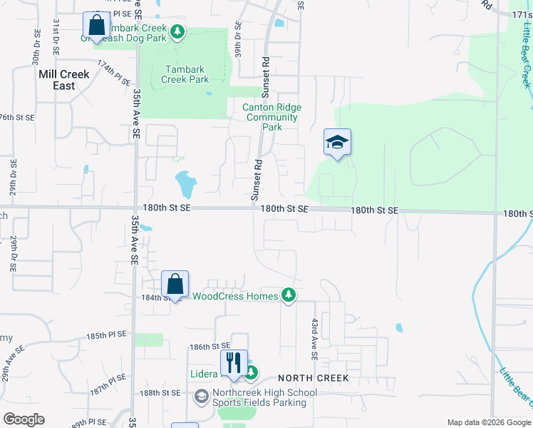 map of restaurants, bars, coffee shops, grocery stores, and more near 17923 Sunset Road in Bothell
