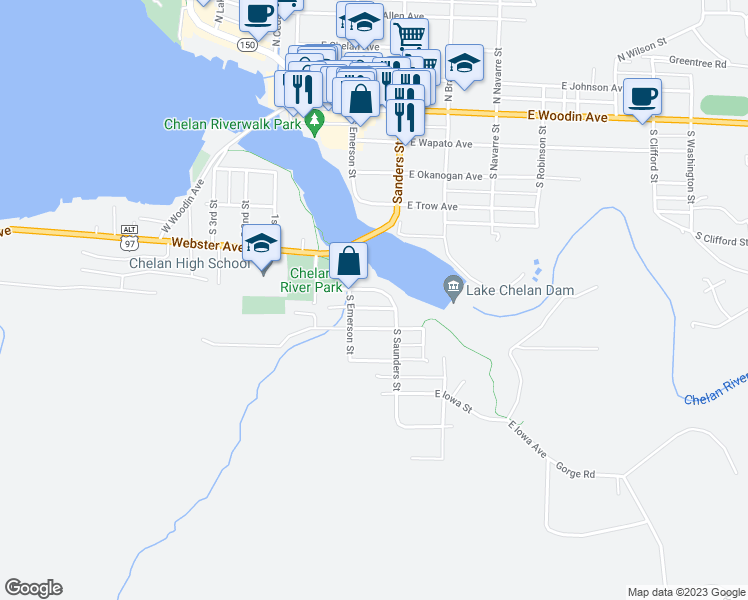map of restaurants, bars, coffee shops, grocery stores, and more near 506 South Emerson Street in Chelan