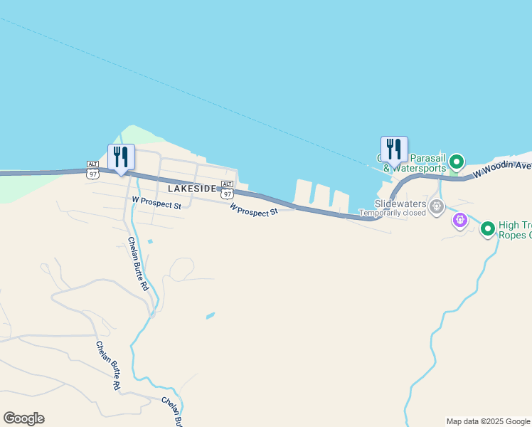 map of restaurants, bars, coffee shops, grocery stores, and more near West Prospect Street in Chelan