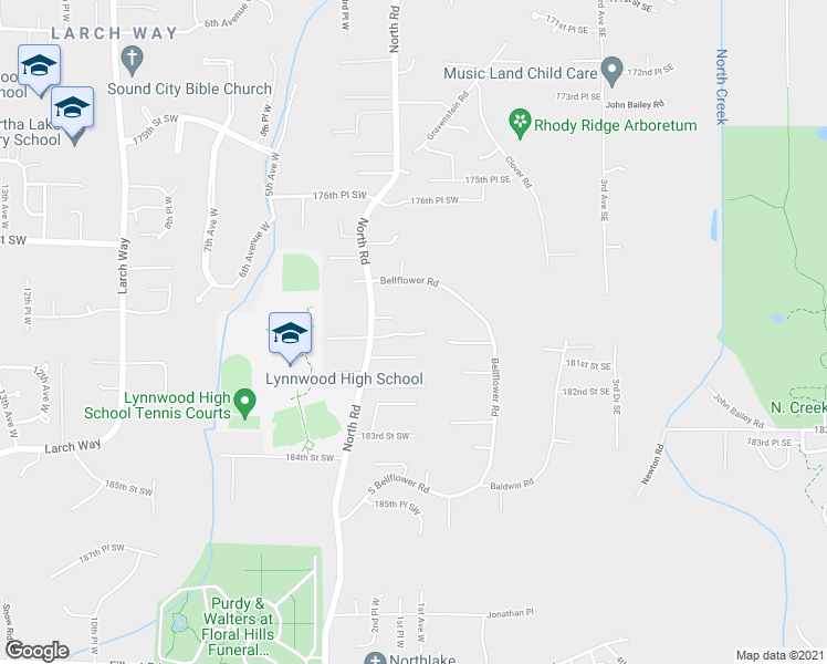 map of restaurants, bars, coffee shops, grocery stores, and more near 18001 North Road in Bothell