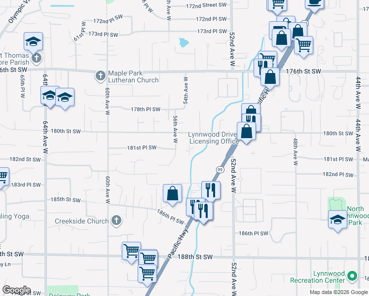 map of restaurants, bars, coffee shops, grocery stores, and more near 18105 54th Place West in Lynnwood